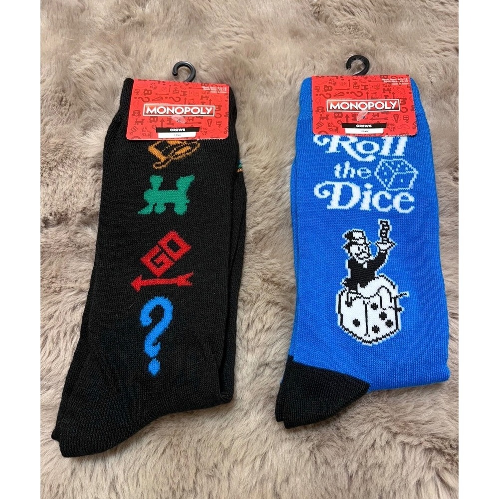 New 2-Pair Monopoly Board Game Crew Socks Size 6.5-12